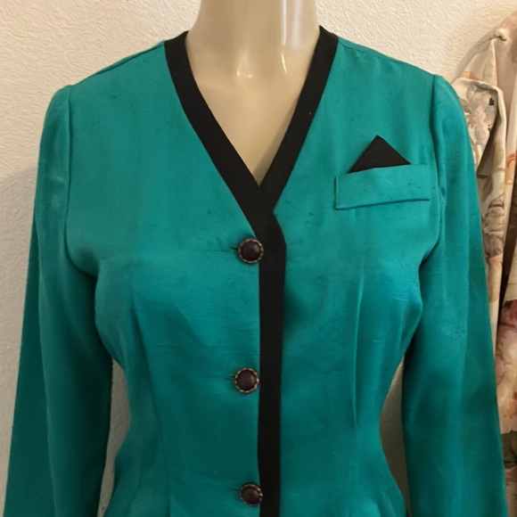 Vintage Dress R&A Collections Green black Trim Collar Neck Front Button Front - Picture 3 of 15